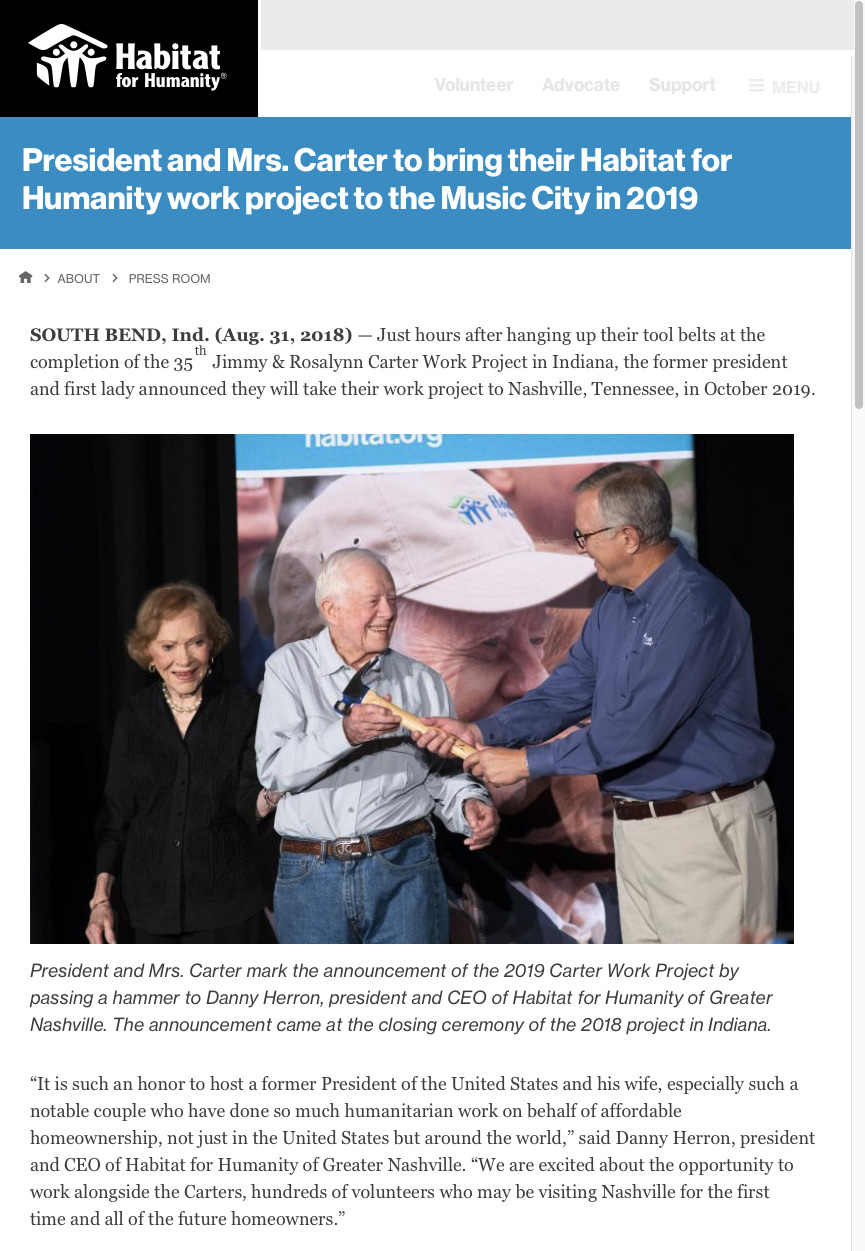 website press release- President and Mrs. Carter to bring their Habitat for Humanity work project to the Music City in 2019